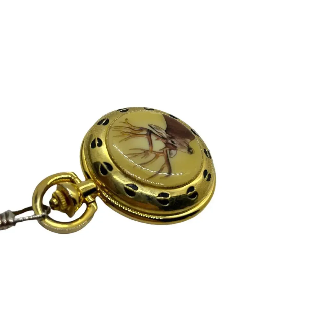 Pocket Watch Mule Deer Stag Majesti Quartz Japan Movt Mechanical Battery Gold